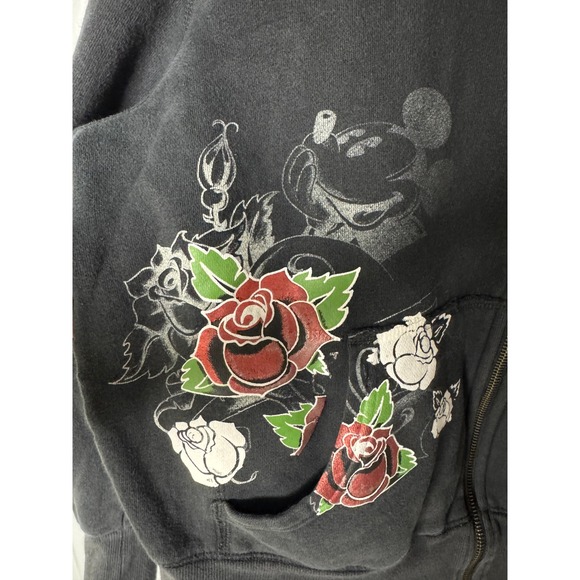 Disney Parks Mickey Mouse Tattoo Roses Graphic Full Zip Hoodie Black Womens XL - Picture 2 of 9